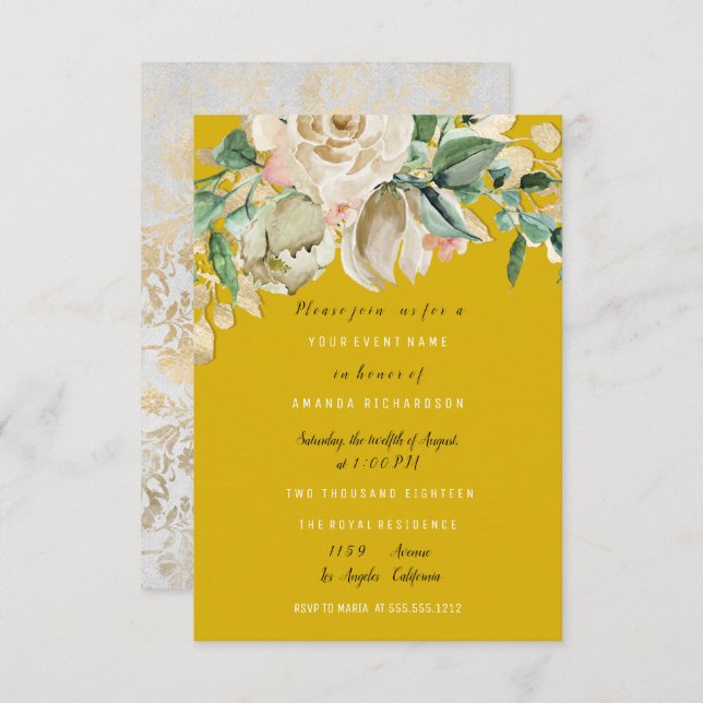 Invitación Cumpleaños de Novia Rosa Pintada Floral Mostaza (Anverso / Reverso)