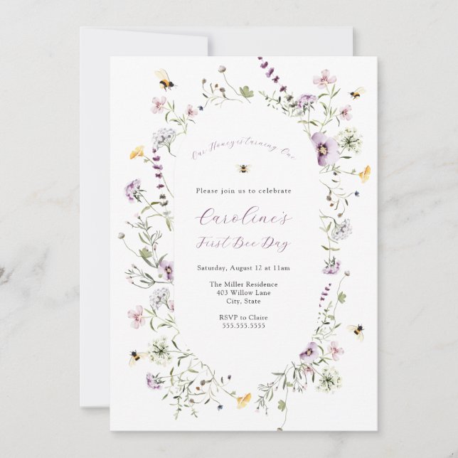 Invitación Cumpleaños de Nuestra Abeja Púrpura Flor Silvestre (Anverso)