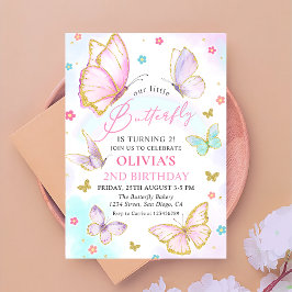 Invitación Cumpleaños de Nuestra Mariposa Pastel Arcoíris Niñ