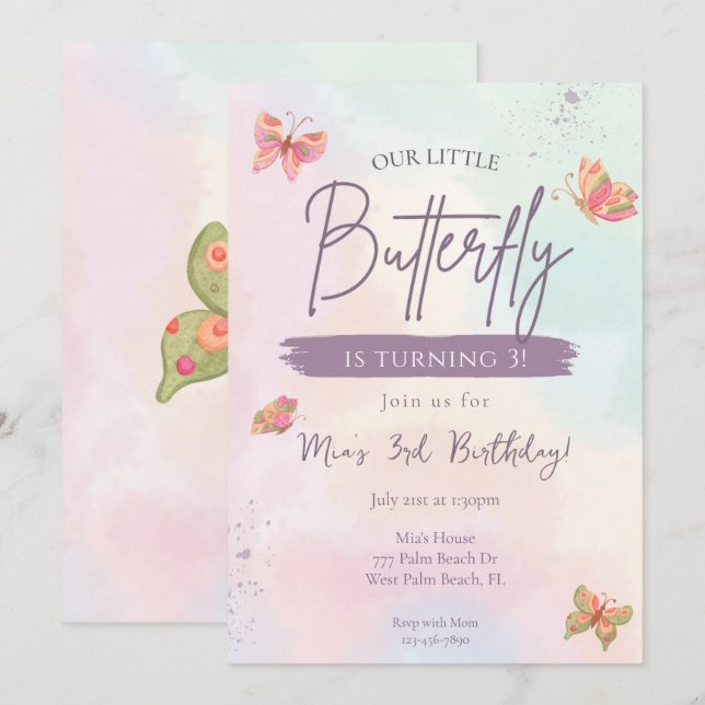 Invitación Cumpleaños de Nuestra Mariposa Pequeña Pastel Mari (Anverso / Reverso)