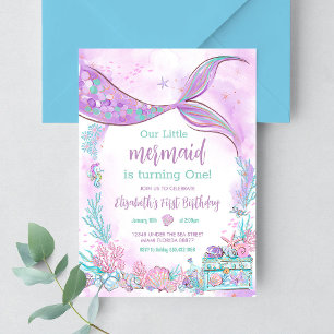Invitación Cumpleaños de Nuestra Pequeña Sirena Morado Turque