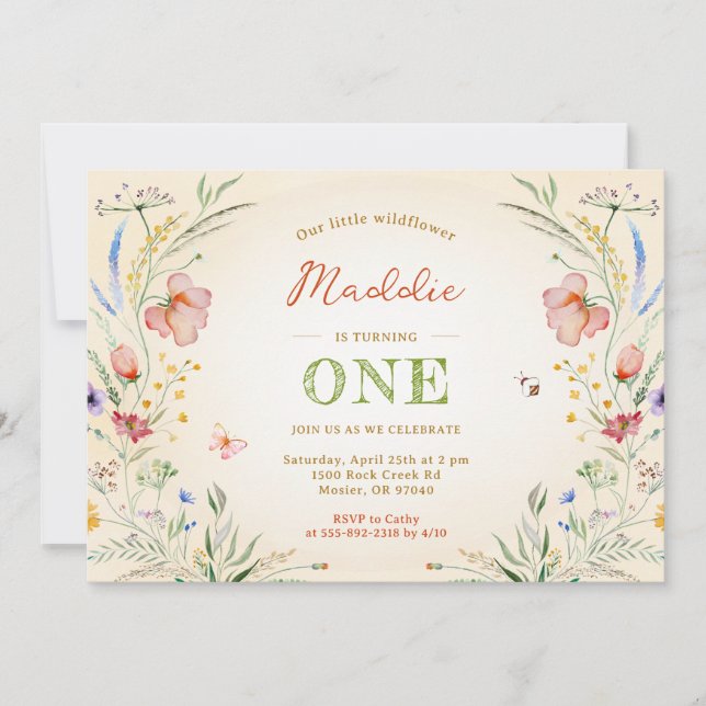 Invitación Cumpleaños de nuestra Wildflower al cumplir un año (Anverso)