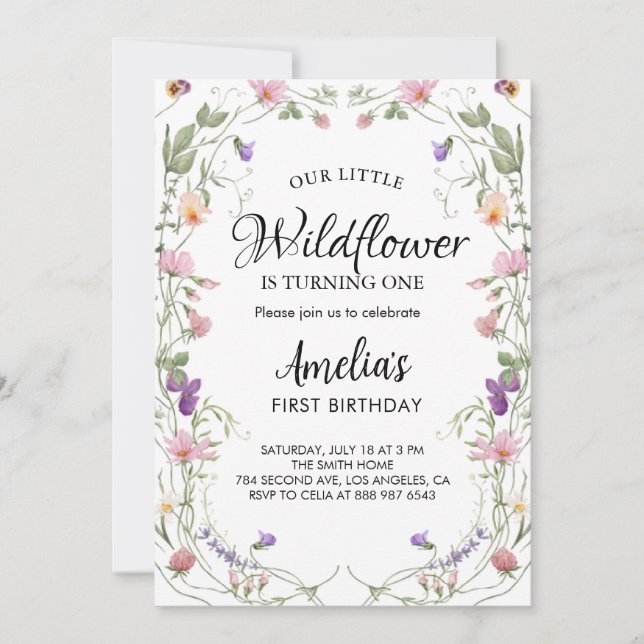 Invitación Cumpleaños de nuestro pequeño Chica de flores silv (Anverso)
