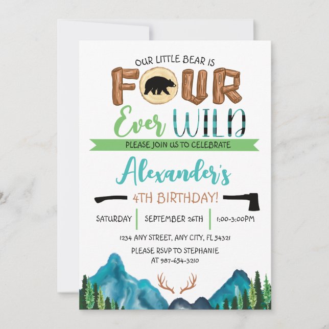 Invitación Cumpleaños de nuestro pequeño oso, cuatro para sie (Anverso)