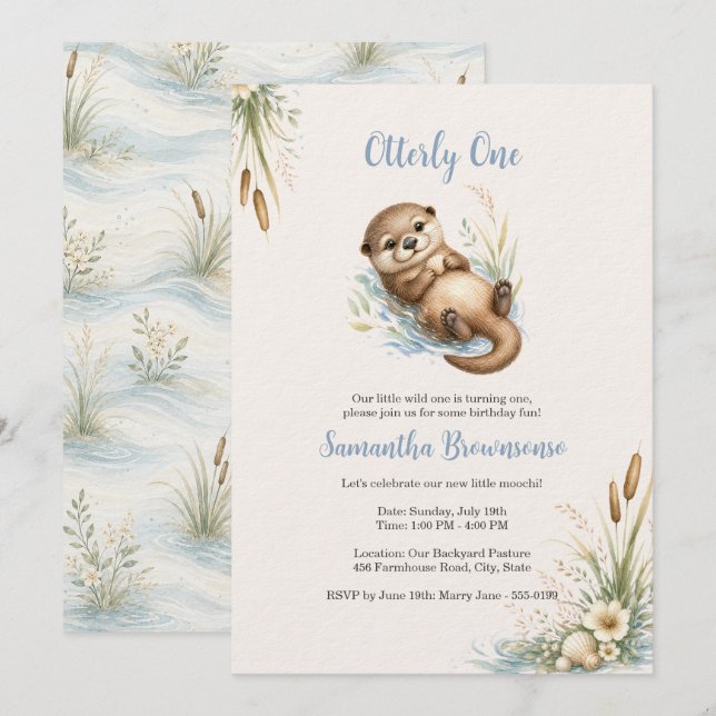 Invitación Cumpleaños de Nutria Adorable (Anverso / Reverso)