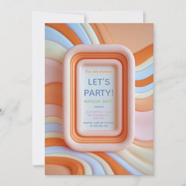 Invitación Cumpleaños de Ola Azul y Melocotón Gomoso Retro (Anverso)
