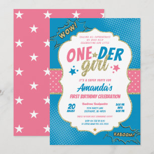 Invitación Cumpleaños de Onder Girl Pink and Blue