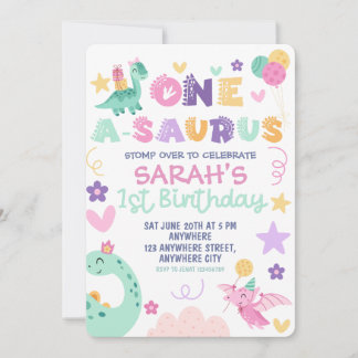 Invitación Cumpleaños de One A-Saurus Dinosaur Girl 1st