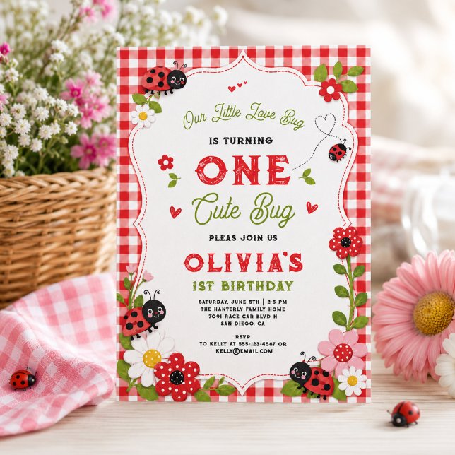 Invitación Cumpleaños de One Cute Bug Floral Ladybug 1er (One Cute Bug Floral Ladybug 1st Birthday party Invitation
)