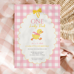 Invitación Cumpleaños de One Lucky Duck Pink Gingham Girl 1er