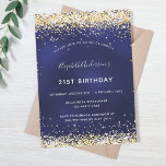 Invitación Cumpleaños de oro azul marino<br><div class="desc">Una invitación moderna,  elegante y glamurosa para una fiesta de cumpleaños número 21 (o cualquier edad). Un fondo azul marino,  decorado con un polvo falso purpurina dorado. El color azul es desigual. Personalice y agregue su nombre y detalles del fiesta.</div>