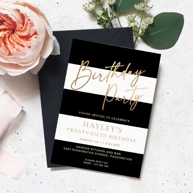 Invitación Cumpleaños de oro de franja blanca negra (Birthday Party Invitation)