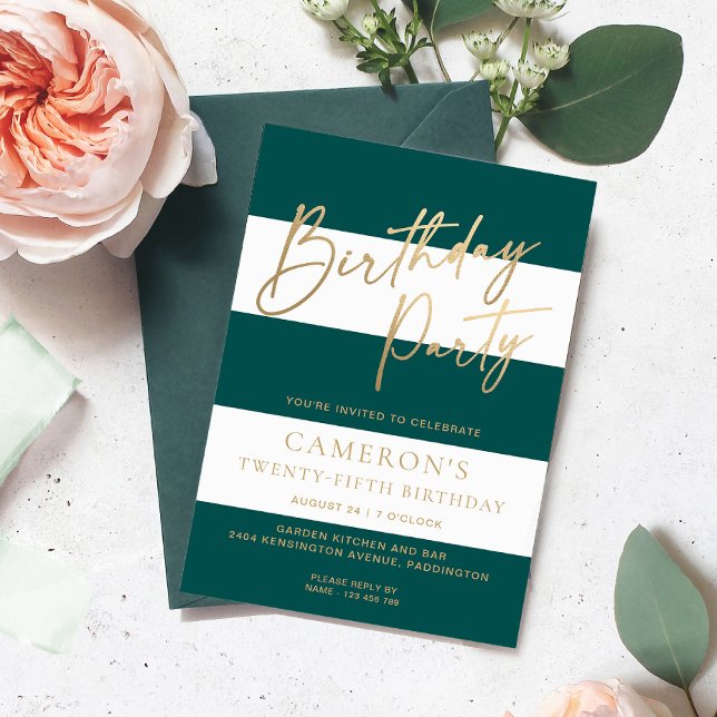 Invitación Cumpleaños de oro de la Estrella Verde Esmeralda (Emerald Green Stripe Birthday Invitation )