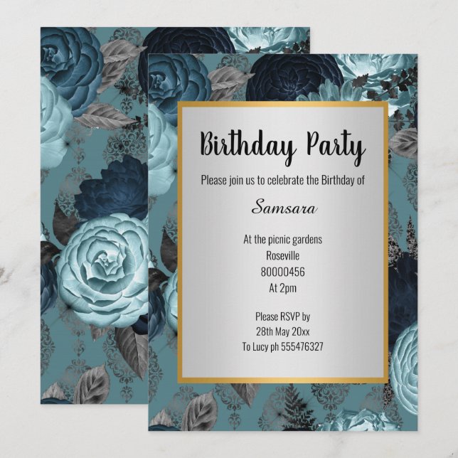 Invitación CUMPLEAÑOS DE ORO DE LA PLATA AZUL DE bonito (Anverso / Reverso)