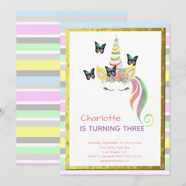 Invitación Cumpleaños de Oro de las Mariposas Rainbow Pastel  (Anverso / Reverso)