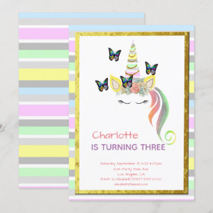 Invitación Cumpleaños de Oro de las Mariposas Rainbow Pastel