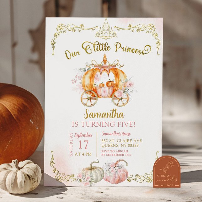 Invitación Cumpleaños de oro de otoño Princesa Rosa Calabaza  (Subido por el creador)