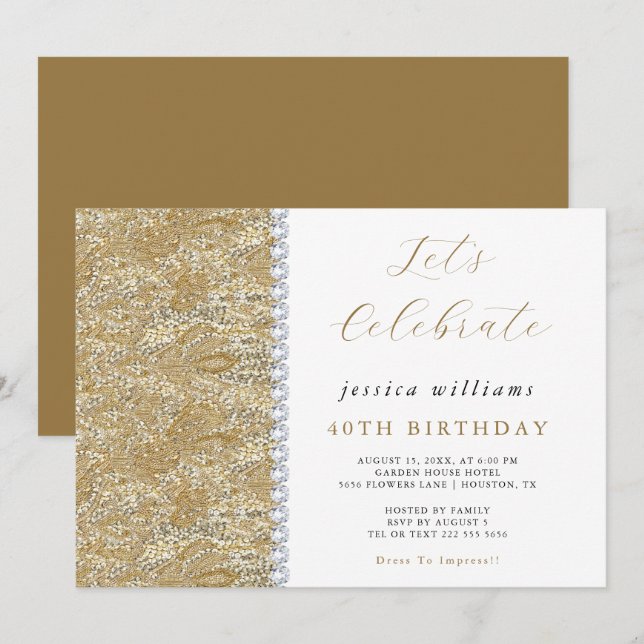 Invitación Cumpleaños de Oro de Posh Sequins y Diamonds (Anverso / Reverso)