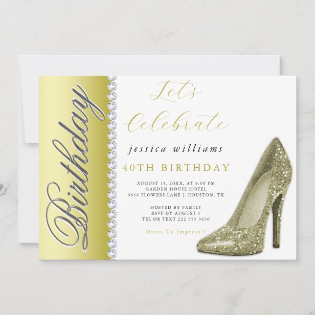 Invitación Cumpleaños de oro de Posh Stiletto & Diamonds (Anverso)