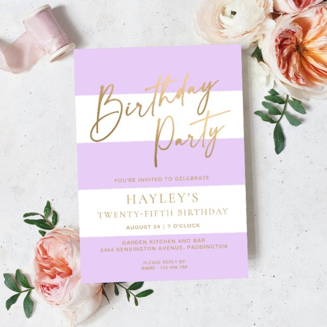 Invitación Cumpleaños de oro de Rayo Púrpura Ligera (Birthday Party Invitation Stripe )