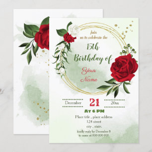 Invitación cumpleaños de oro rojo blanco floral verde