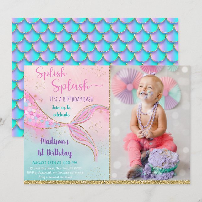 Invitación Cumpleaños de Oro Rosa de Sirena (Anverso / Reverso)