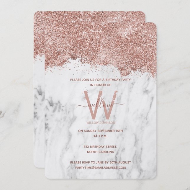Invitación Cumpleaños de oro rosa mármol blanco con brillo pa (Anverso / Reverso)