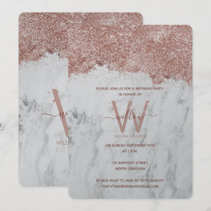 Invitación Cumpleaños de oro rosa mármol blanco con brillo pa