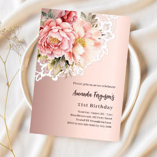 Invitación Cumpleaños de oro rosa rosa de rosa flor encaje