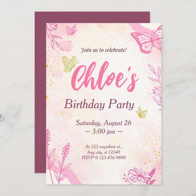 Invitación Cumpleaños de oro rosado (Anverso / Reverso)