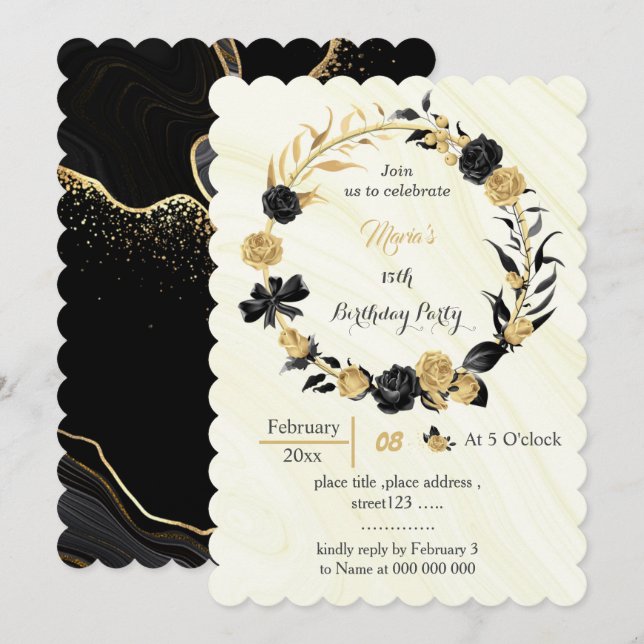 Invitación cumpleaños de oro y flores negras (Anverso / Reverso)