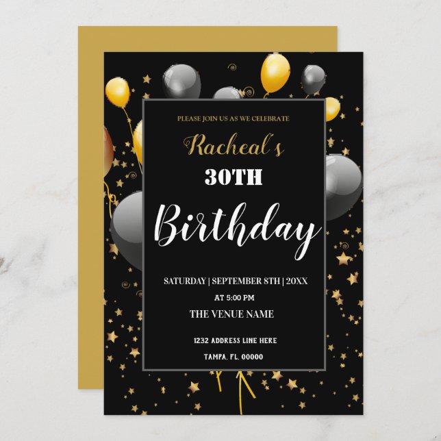 Invitación Cumpleaños de oro y negro personalizado (Anverso / Reverso)