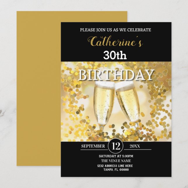 Invitación Cumpleaños de oro y negro personalizado (Anverso / Reverso)