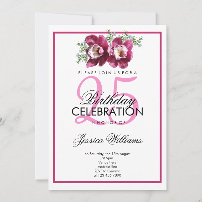 Invitación Cumpleaños de orquídeas rosadas románticas y elega (Anverso)