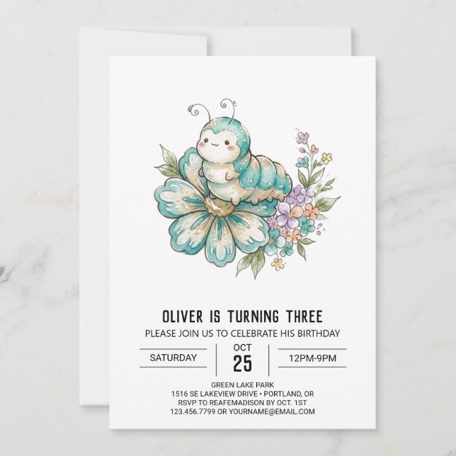 Invitación Cumpleaños de Oruga Verde Azulada (Anverso)