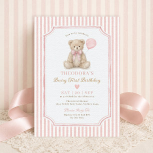 Invitación Cumpleaños de osito de peluche con raya rosa