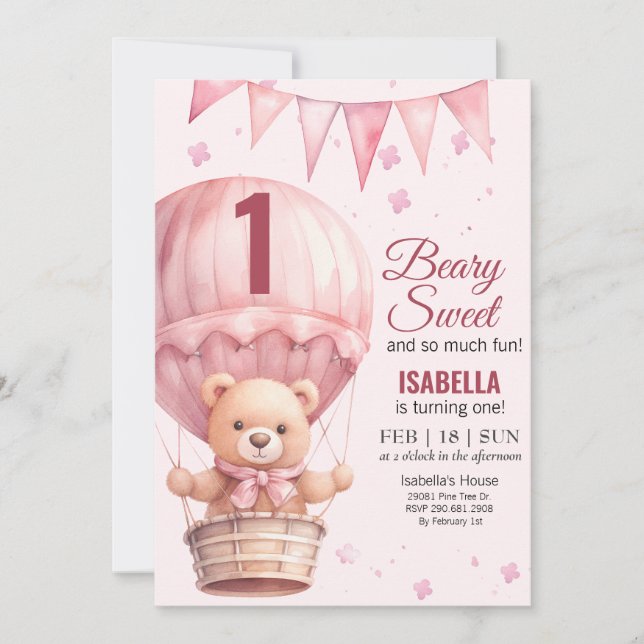 Invitación Cumpleaños de osito de peluche globo aerostático d (Anverso)