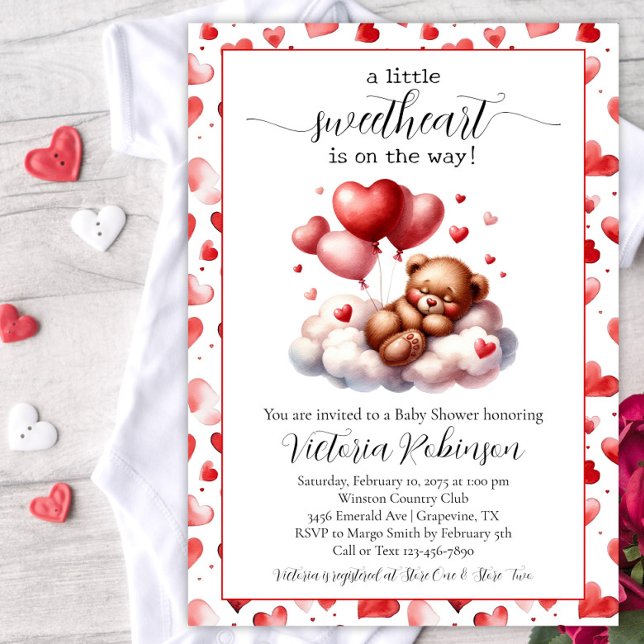 Invitación Cumpleaños de Osito del Día de San Valentín (Cute Valentine bear baby shower invitation. This design works for a boy, girl or gender reveal.)