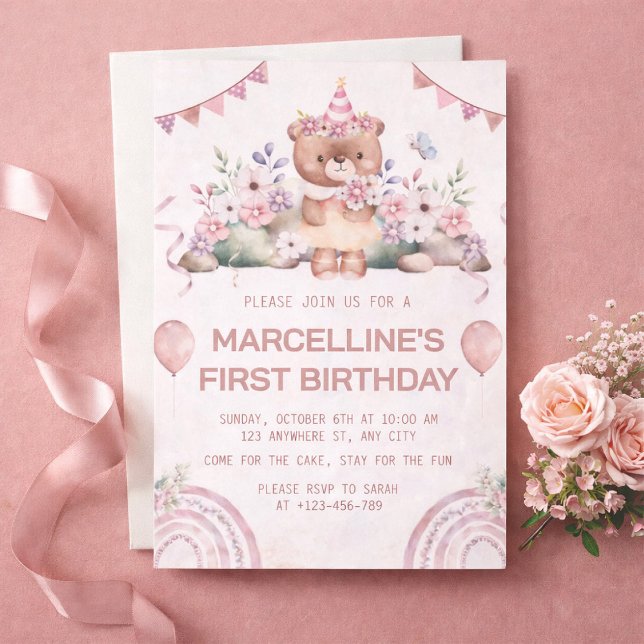 Invitación Cumpleaños de Osito Floral Rosa (Subido por el creador)