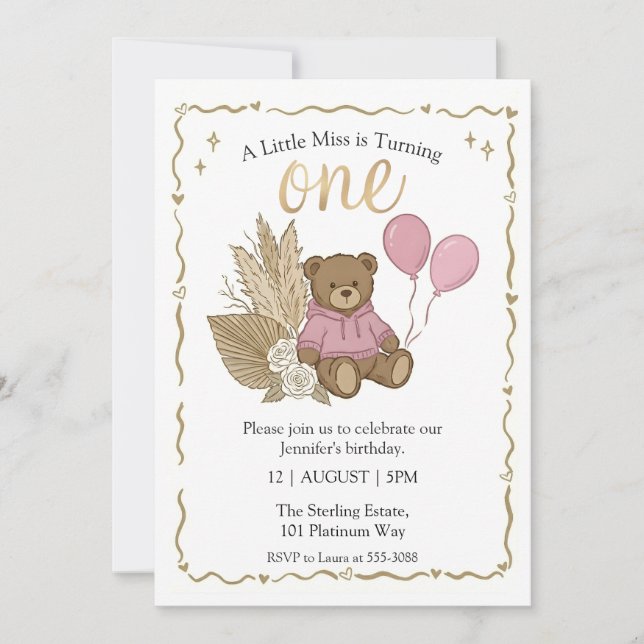 Invitación Cumpleaños de osito marrón boho con globos rosas (Anverso)
