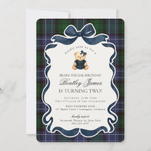 Invitación Cumpleaños de Oso de Lazo Coquette Preppy Tartán C