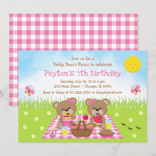 Invitación Cumpleaños de Oso de Peluche con Cuadros Rosados