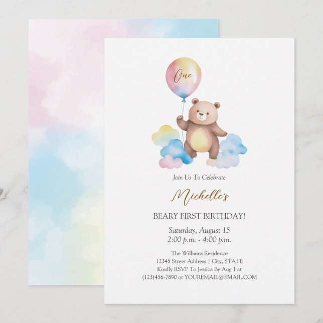 Invitación Cumpleaños de oso de peluche con globos en nubes m (Anverso / Reverso)