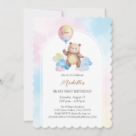 Invitación Cumpleaños de oso de peluche con globos en nubes m