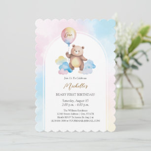 Invitación Cumpleaños de oso de peluche con globos en nubes m
