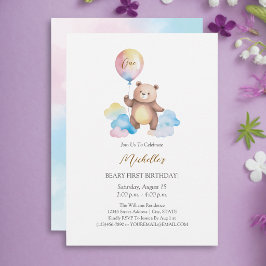 Invitación Cumpleaños de oso de peluche con globos en nubes m