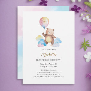 Invitación Cumpleaños de oso de peluche con globos en nubes m