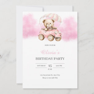 Invitación Cumpleaños de oso de peluche en acuarela en coche