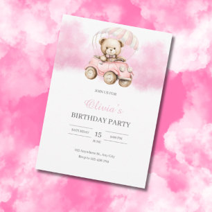Invitación Cumpleaños de oso de peluche en acuarela en coche 