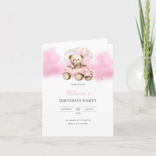 Invitación Cumpleaños de oso de peluche en acuarela en coche
